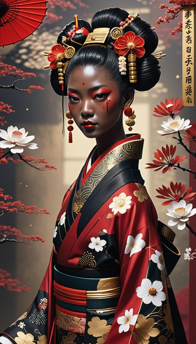 Black Geisha in Kimono: Matte Painting, 8K