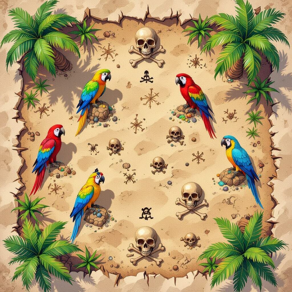 Vibrant Pirate Treasure Map for Teens with Parrots and Palms