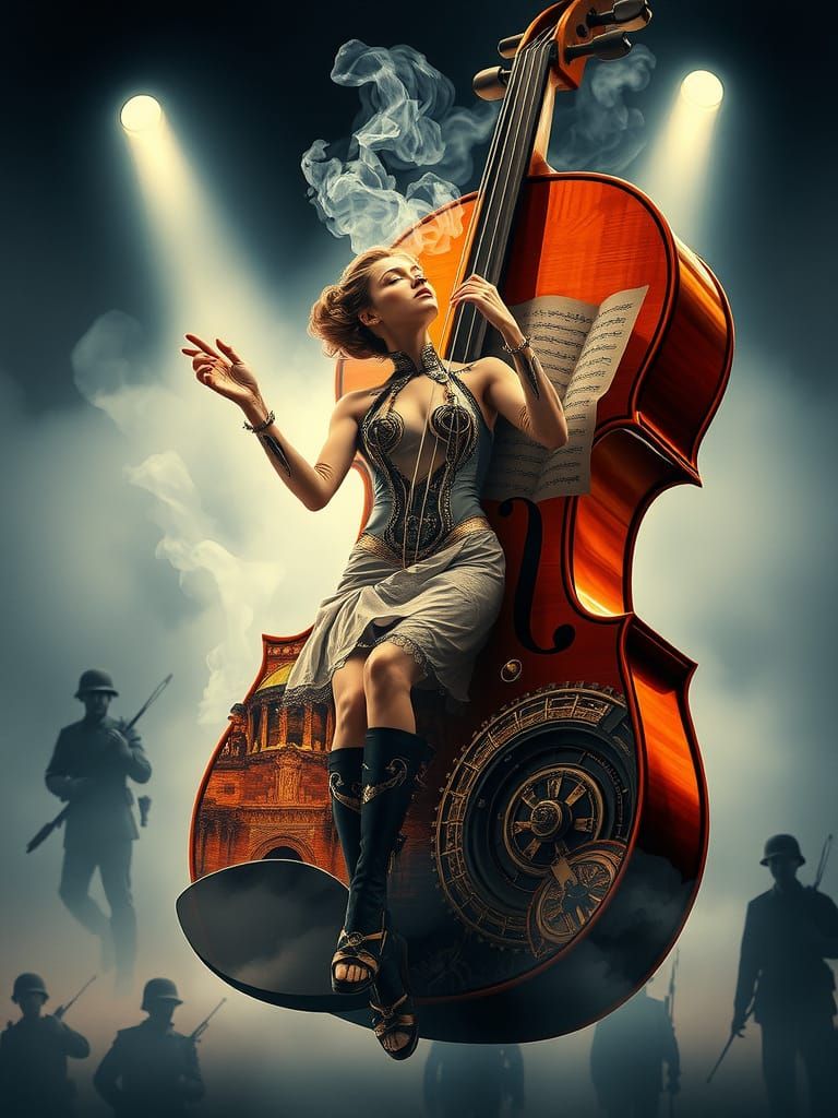 Steampunk Mechatron Dance: Double Exposure Watercolor Art