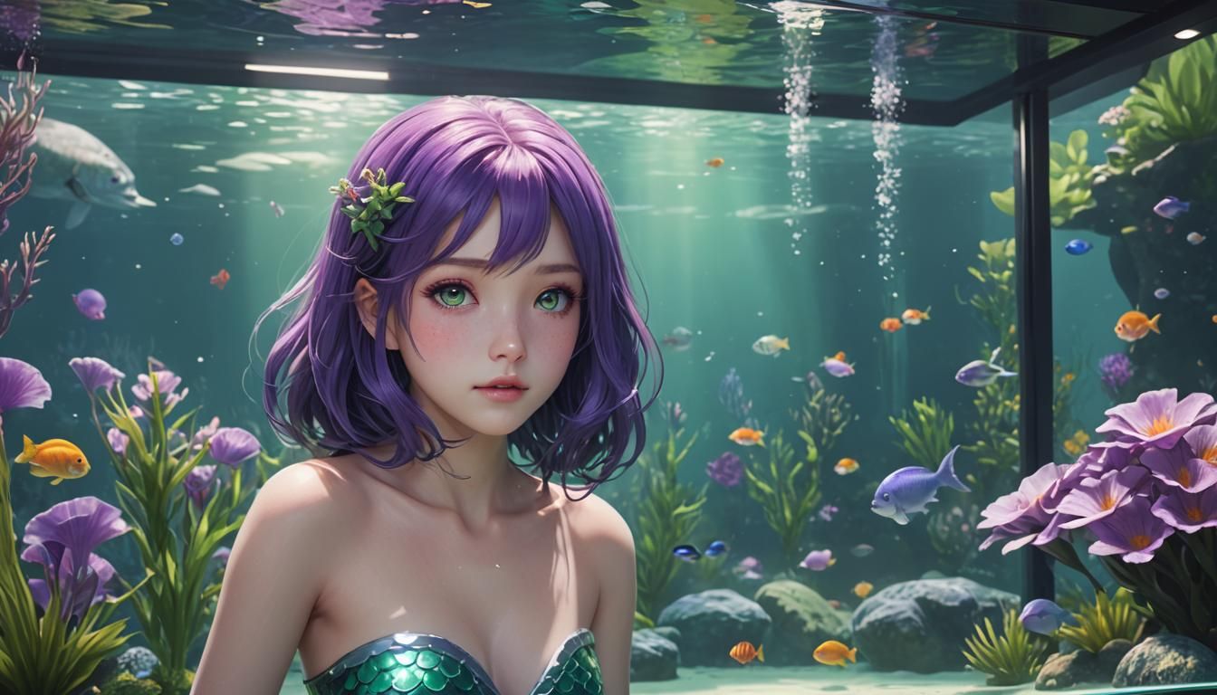 Anime Mermaid in Aquarium Exhibition: 3D Art