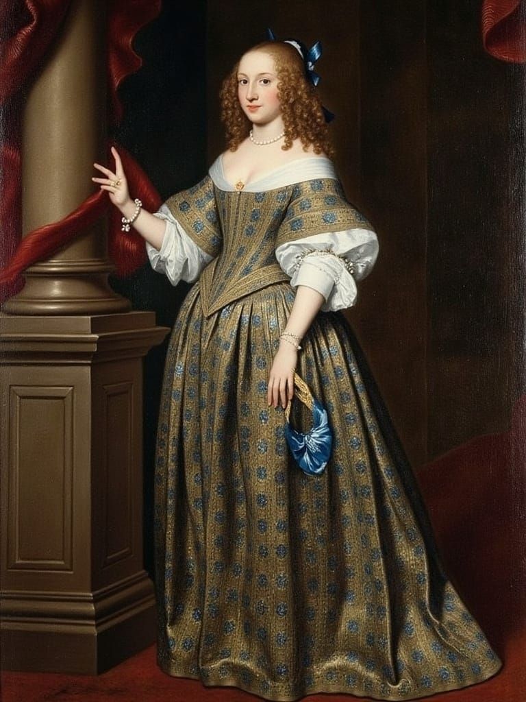 Elegant 17th Century Lady in Embroidered Gown