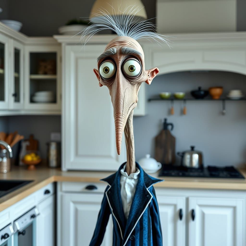 Old Man with Big Eyes in Striped Suit in White Kitchen