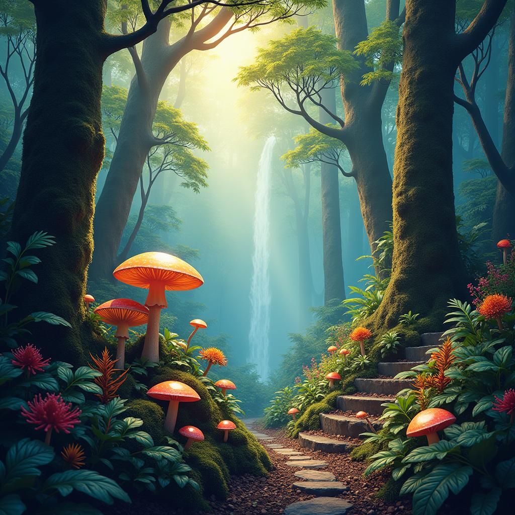 Lush Rainforest Garden with Glowing Mushrooms