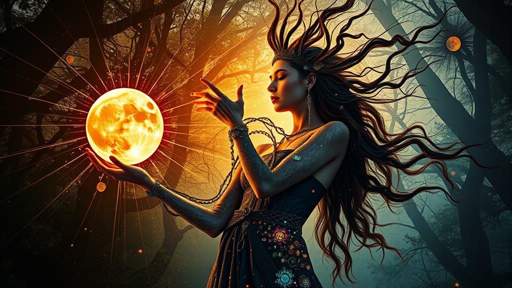 Surreal Cosmic Goddess Emerges from Forest Network