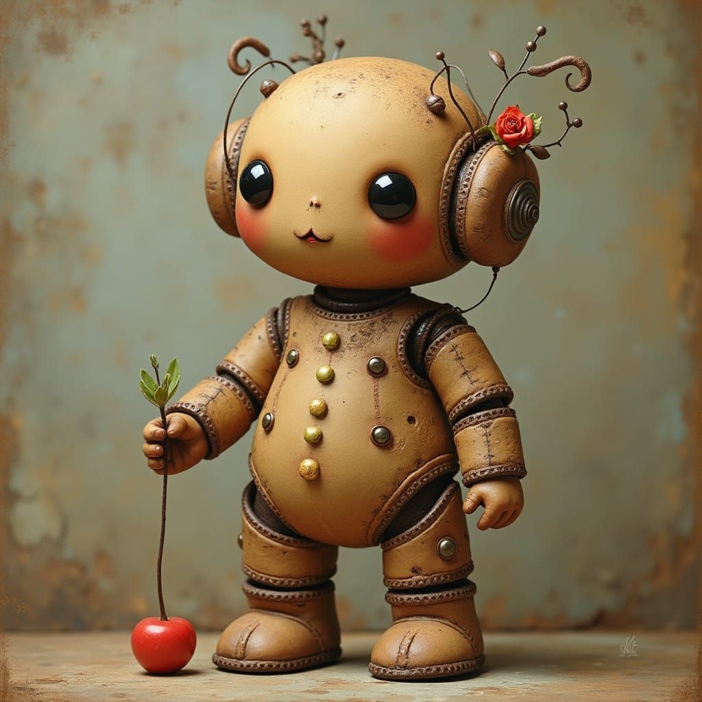 Whimsical Gingerbread Robot Boy, in a Dreamlike, Illustrativ...