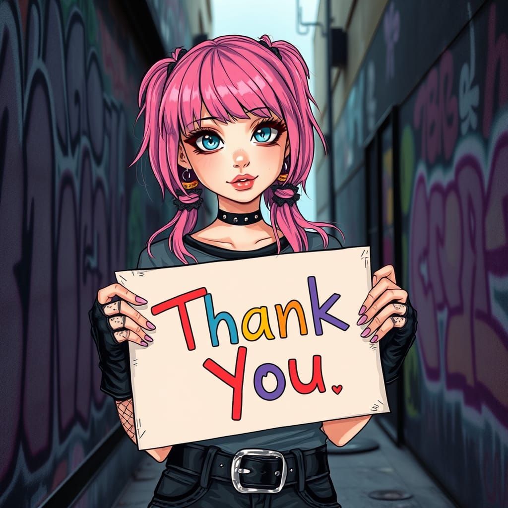 Cute emo girl
Coloured big text 
"Thank You"