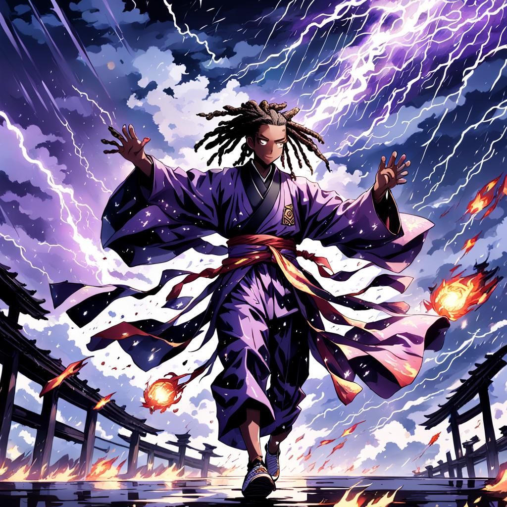 Kimono-Clad Man Flying Through Anime Storm