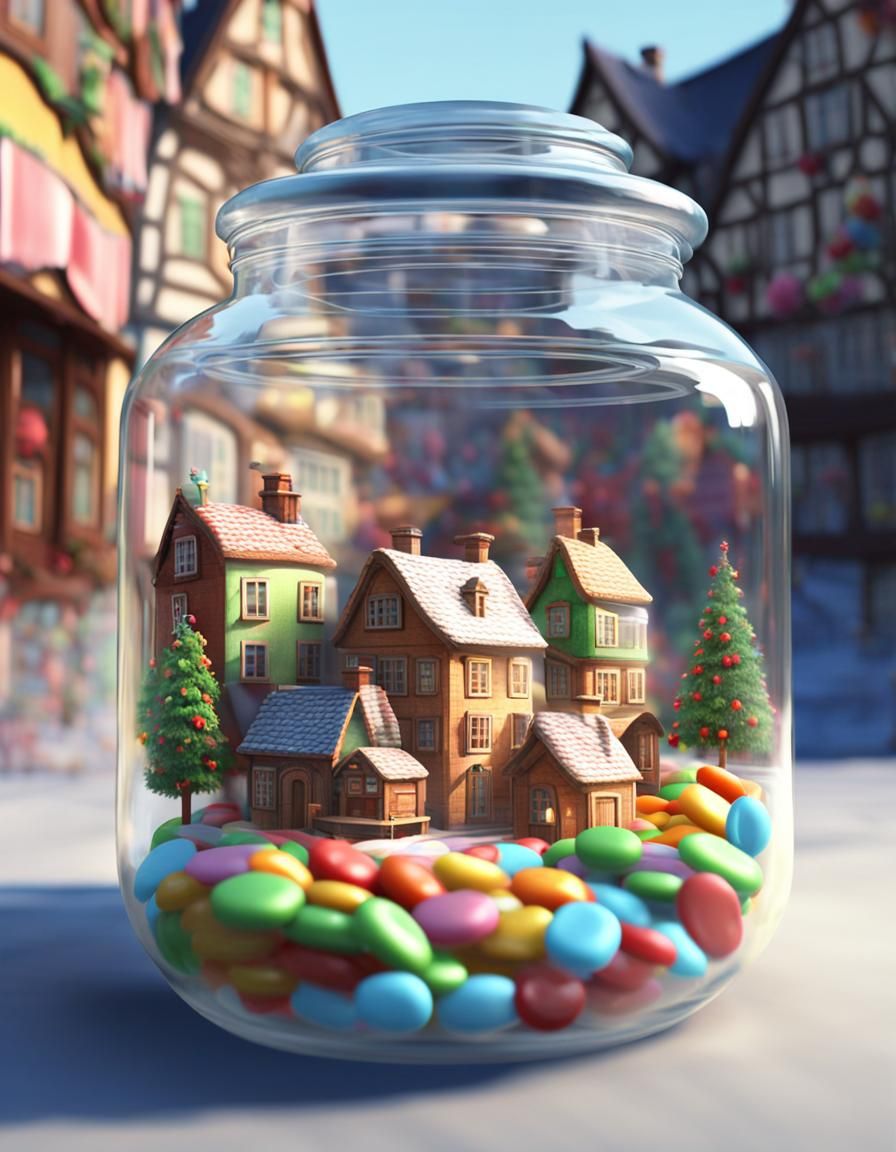 Candy Village Inside Glass Jar in 4K