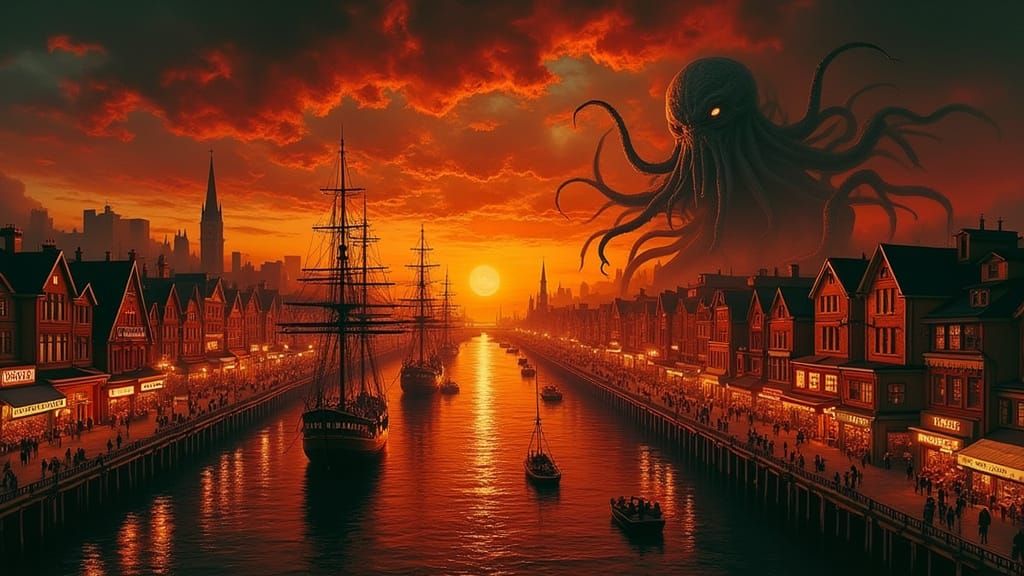 Cthulhu Unleashes Darkness on a Golden Harbor Scene