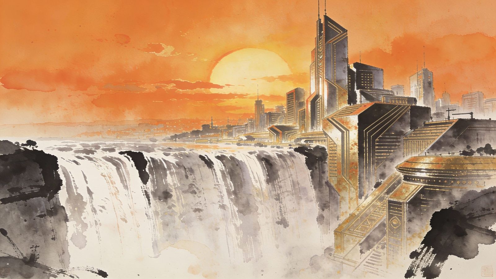 Retro-Futuristic Metropolis by Giant Waterfall at Sunset
