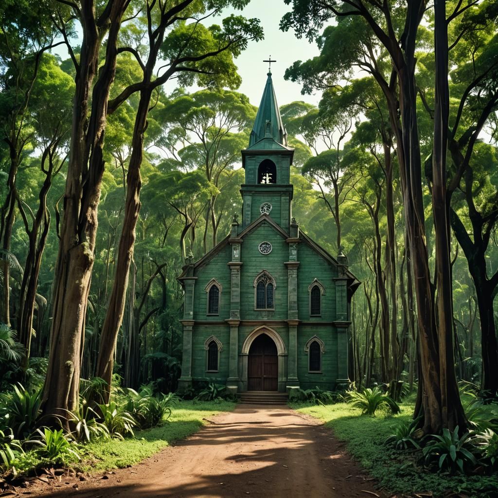 Colonial Church in Dark Jungle with Hitchcock Logo