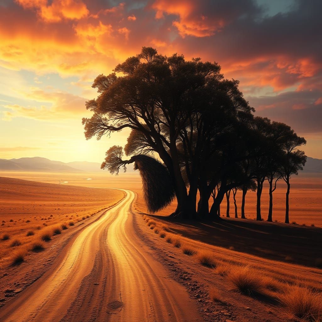 Steppe Road with Face Silhouette in Hyperrealistic Style