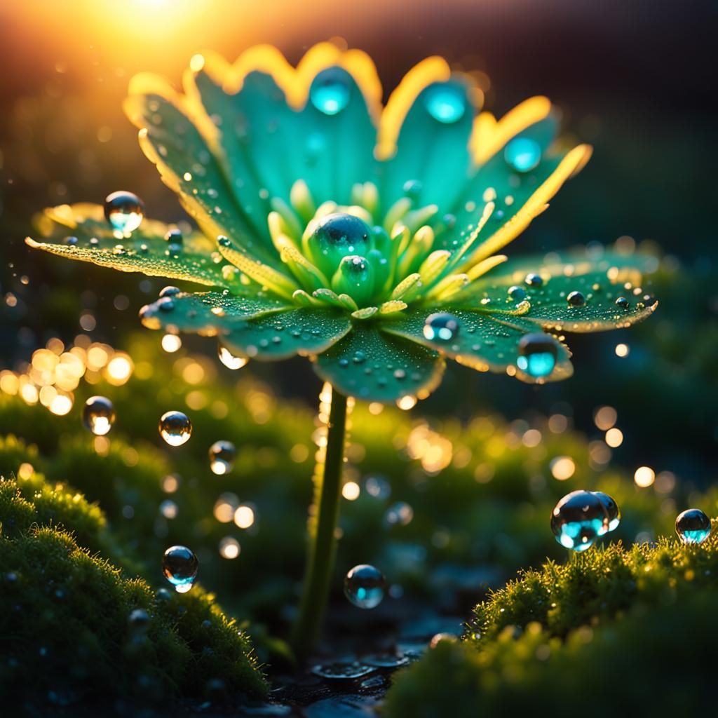 Luminous Double Exposure Flower with Water Droplets