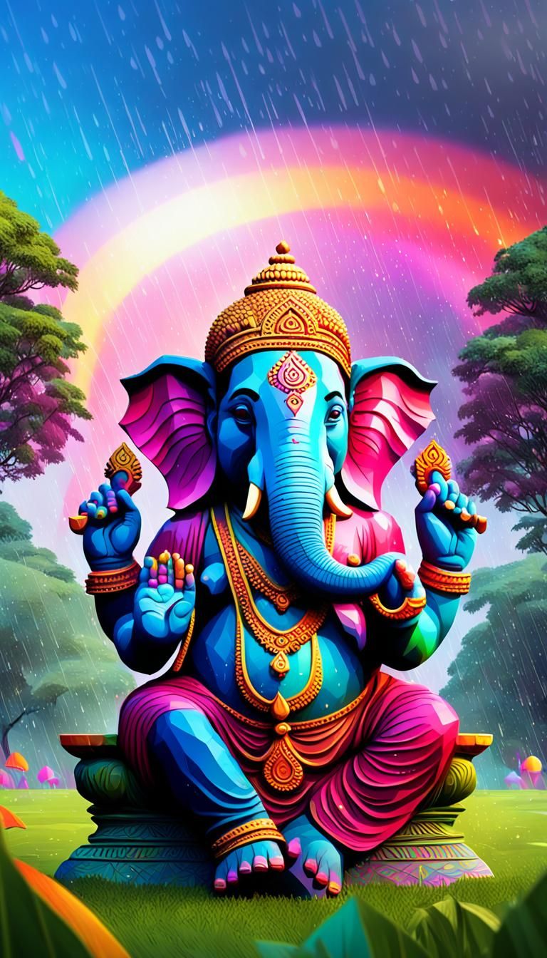 Young Lord Ganesh in Rainy Park: Low-Poly 3D Art