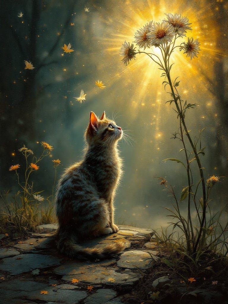 Ethereal Cat Under Flower in Golden Light
