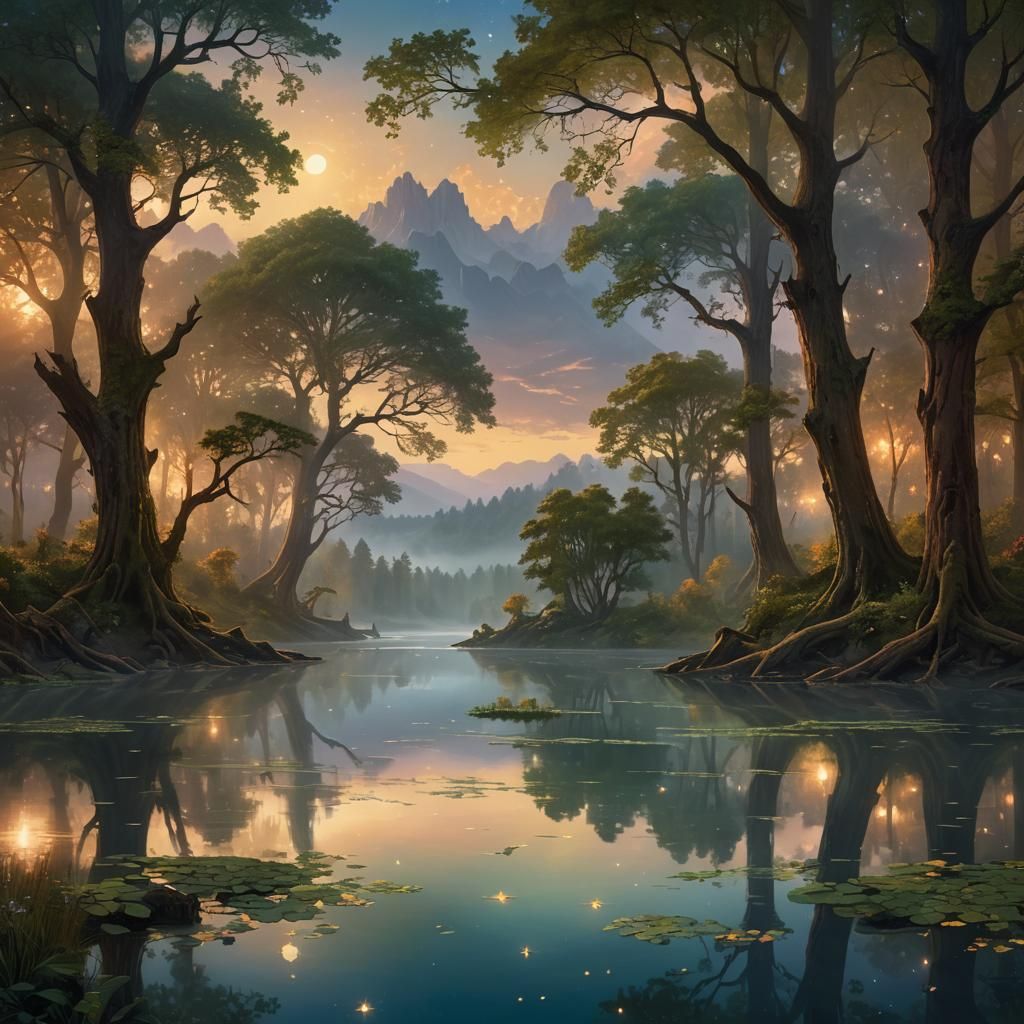 Tranquil Lake Under Starry Sky: Fantasy Art