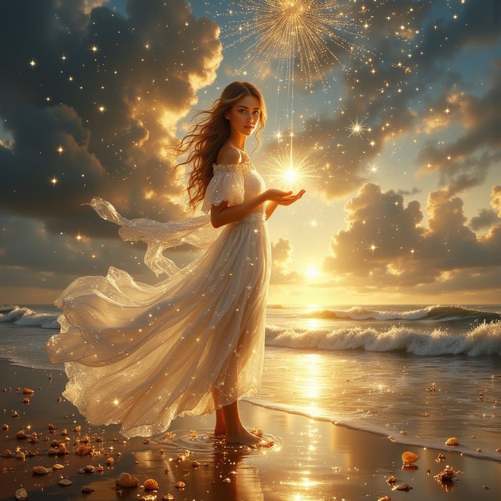 Dreamy Beach Scene with Woman, Star, and Fireworks