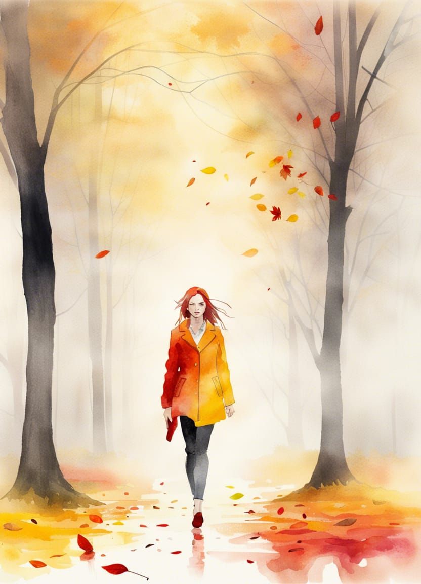 Stylish Woman in Autumn Park: Watercolor Painting