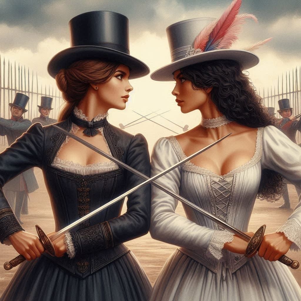 Victorian Ladies Duel on Battlefield in Watercolor Style