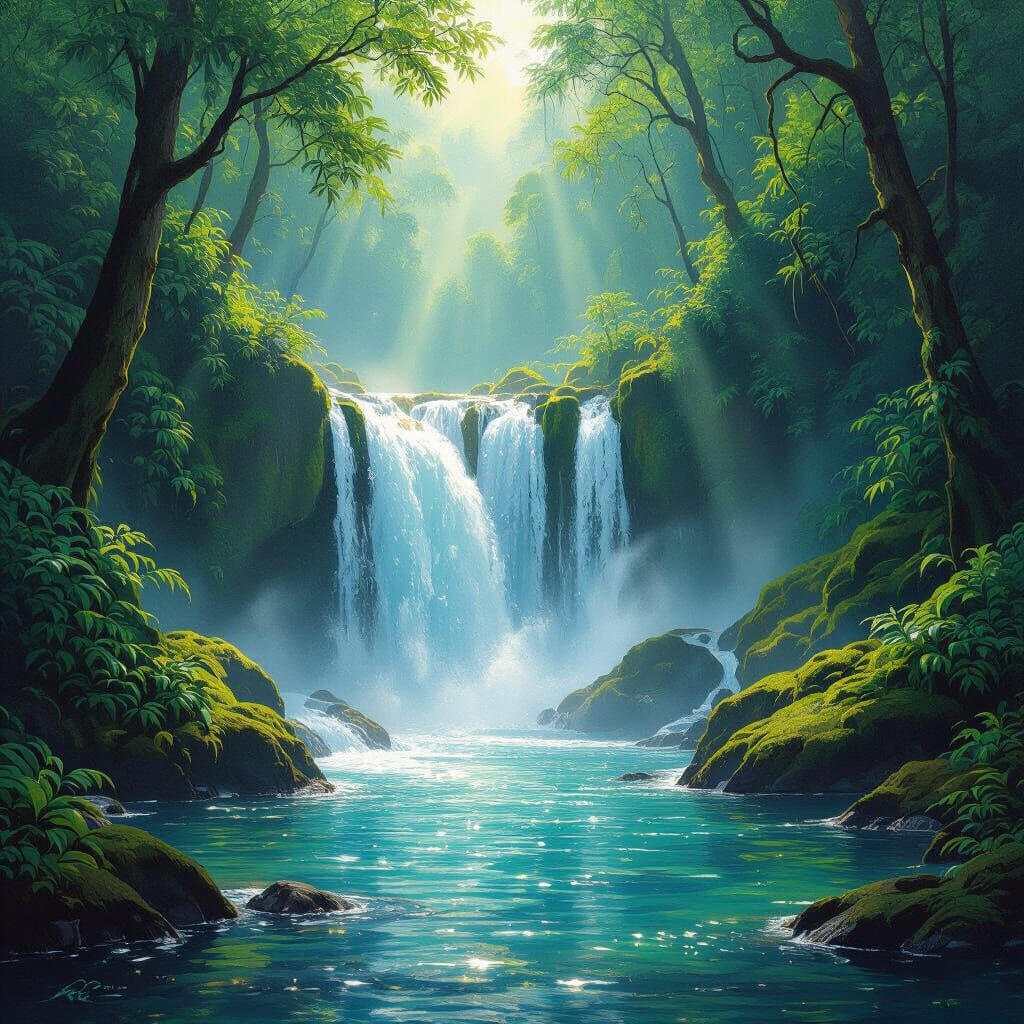 Majestic Waterfall in Lush Rainforest Oil Painting