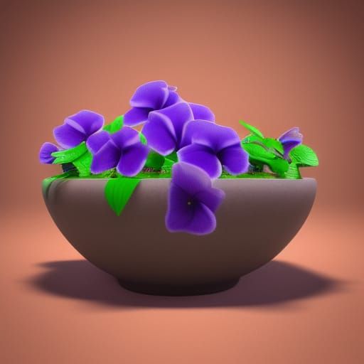 Violets in Ancient Bowl, 3D Rendered