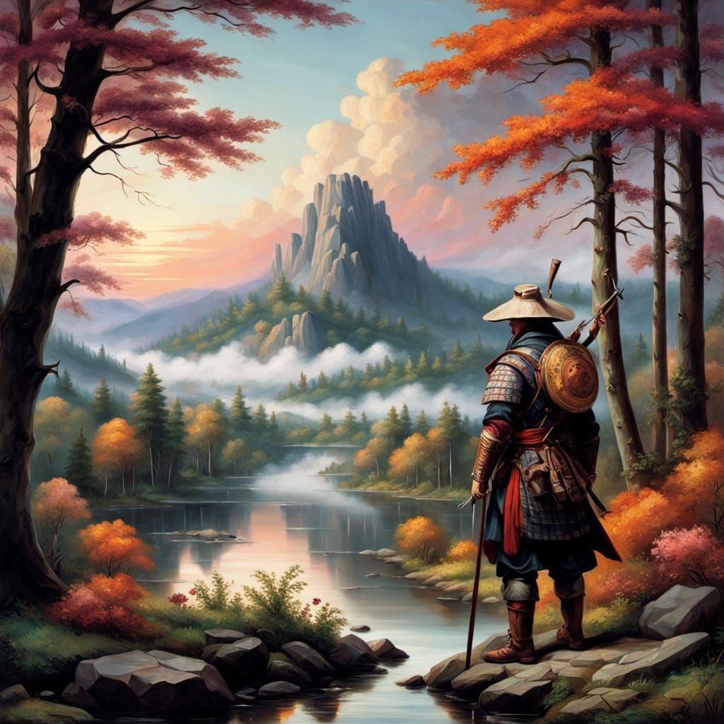 Mountain Sunset Landscape Painting in Romantic Style