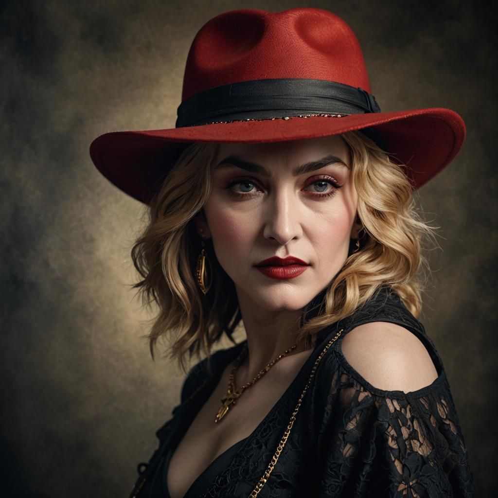 Photorealistic studio portrait photography Madonna red hat