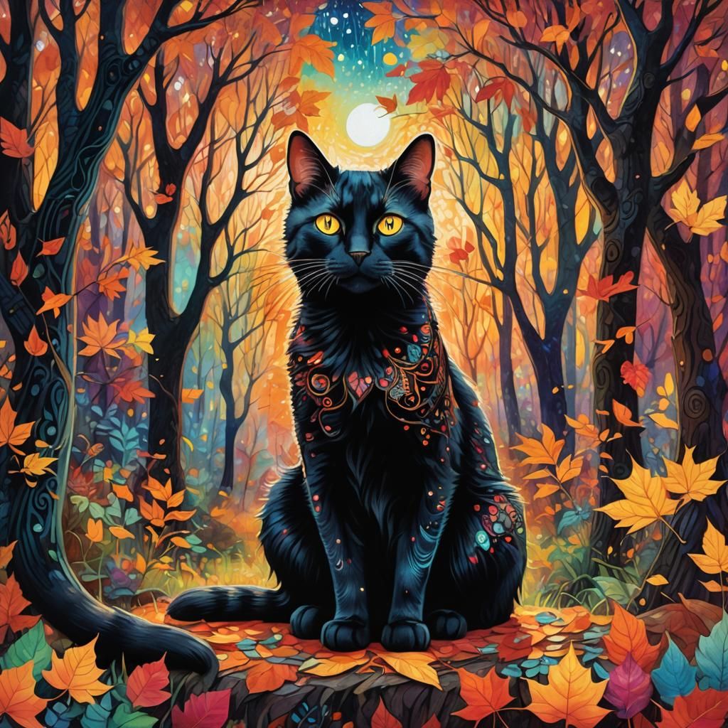 Black Cat in Autumn Forest: Visionary Art