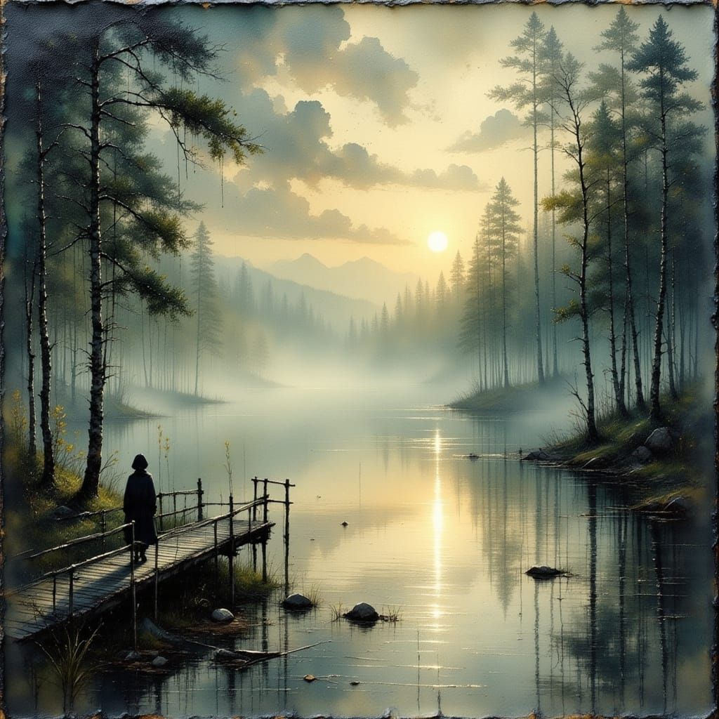 Misty Lake at Dusk in Mixed Media Style