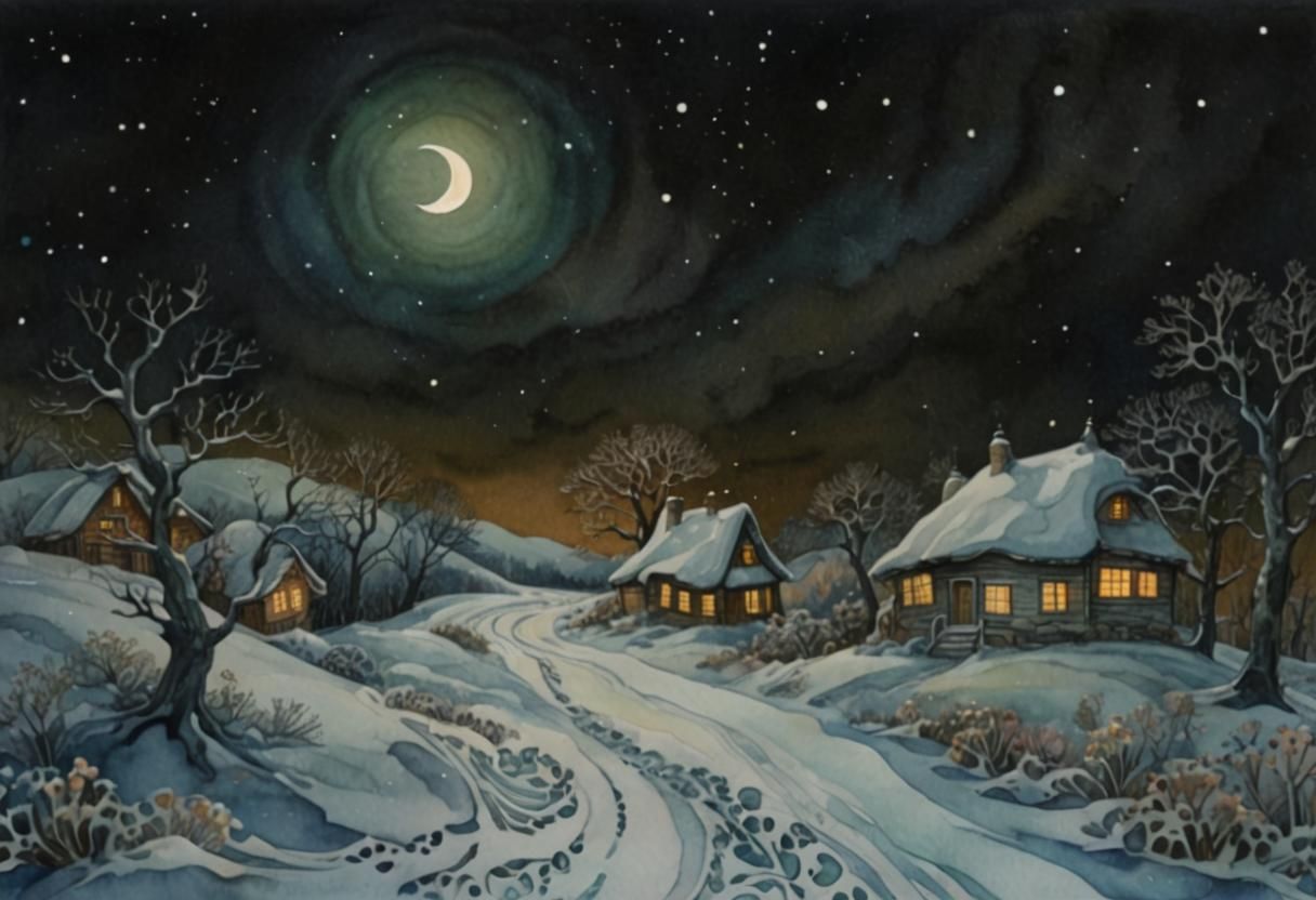 Whimsical Watercolor Landscape with Starry Night Sky
