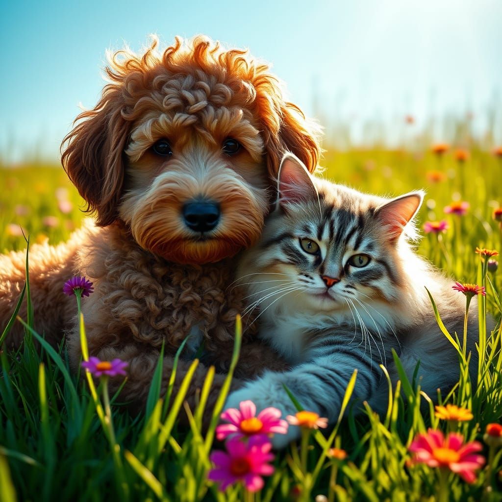 Peaceful Labradoodle and Ragdoll Cat in a Serene Sunlit Mead...