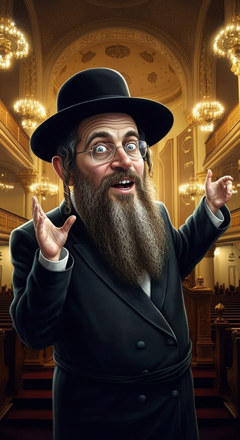 Humorous Hasidic Gabbai in Synagogue, Comic Style Illustrati...
