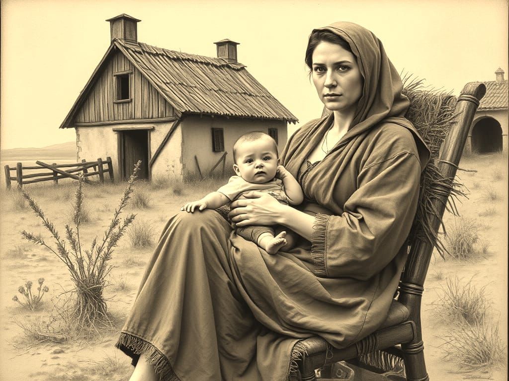 Sepia Drawing of Peasant Woman with Child