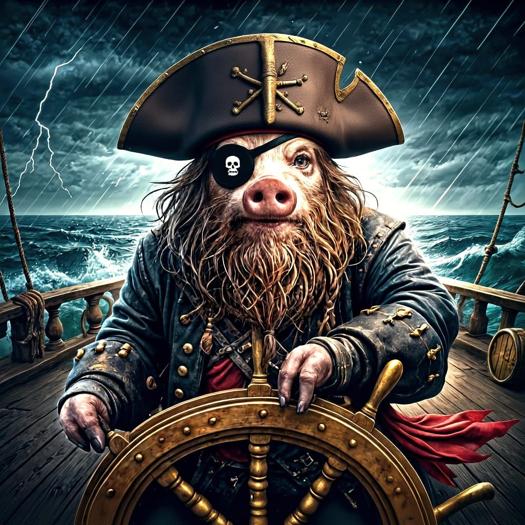 Pirate Piglet Steers Ship Wheel in Violent Storm