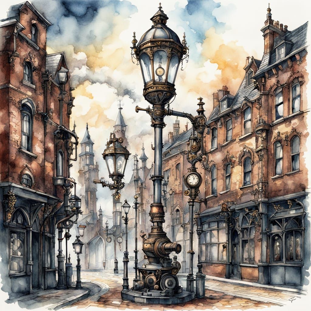 Victorian Steampunk Lamppost on Cobbled Street