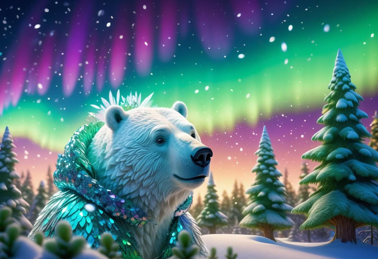 Polar Bear in Aurora Forest: 3D Digital Art