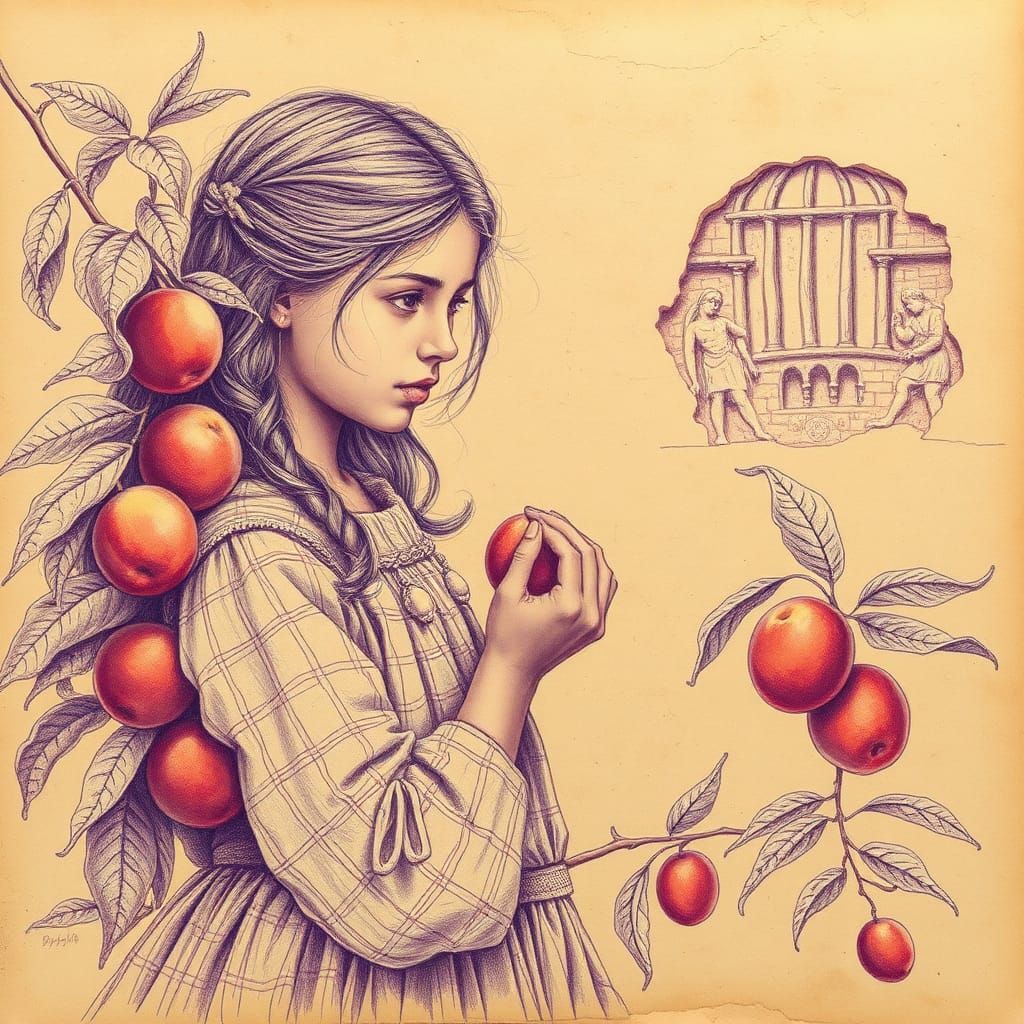 Girl Picking Peaches: Macroneurographic Sketch on Golden Pap...