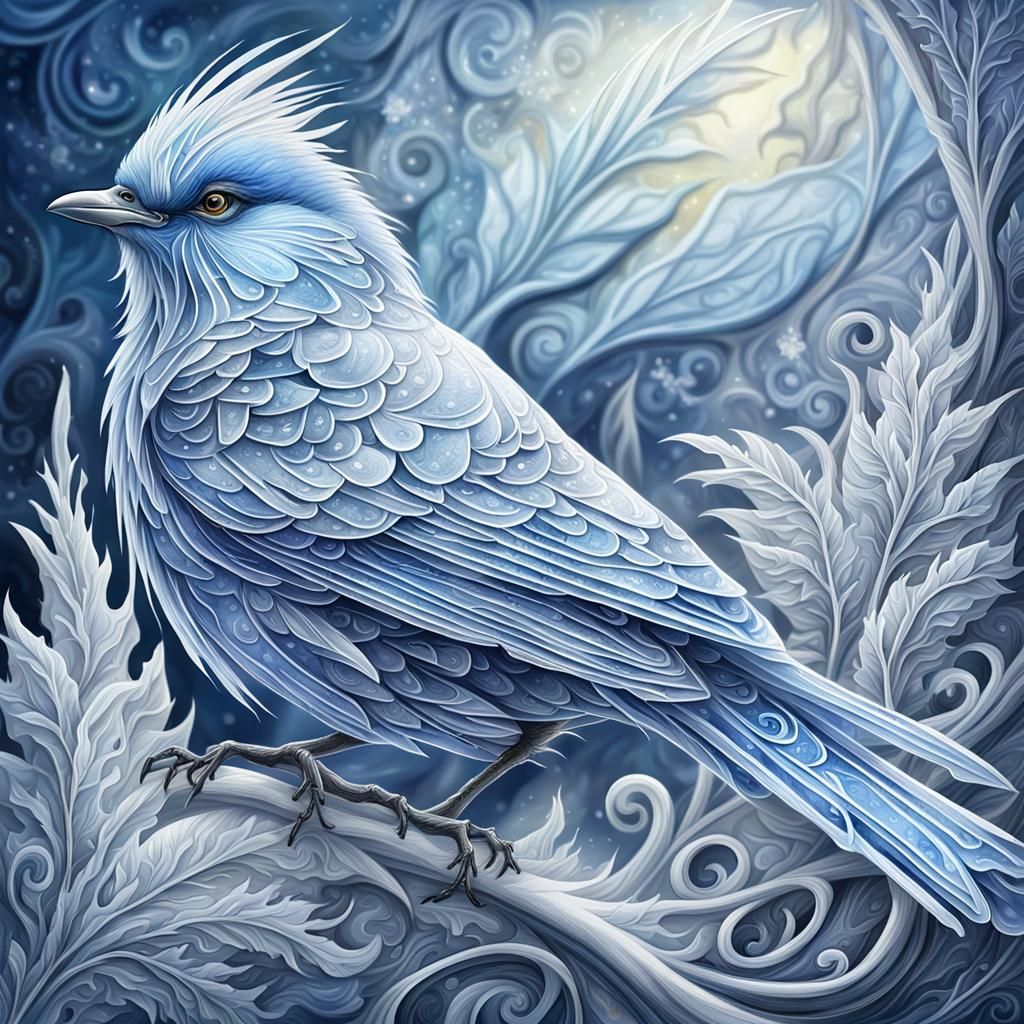 Magical Frost Bird Portrait in Watercolor Style