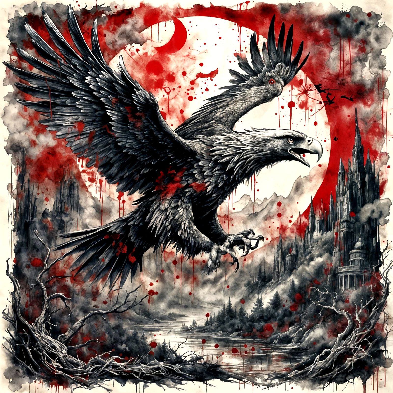 Eagle Soaring Through Moors in Dark Watercolor Art