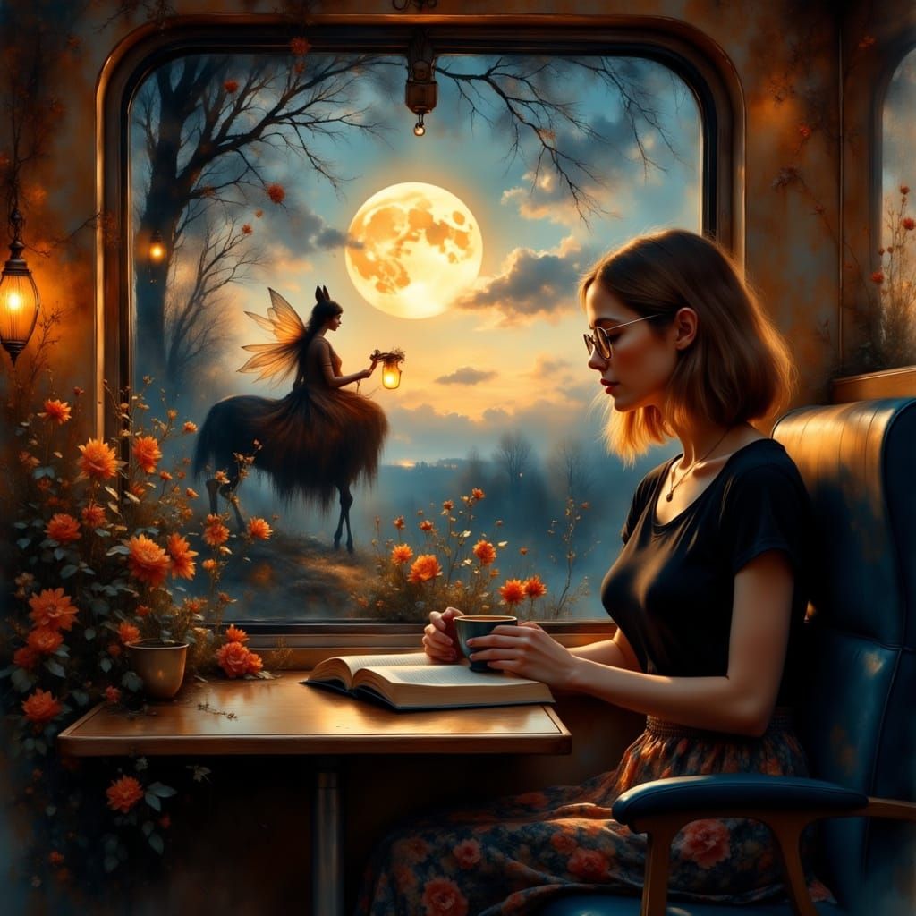 Woman Reading on Train with Fairy: Hyperrealistic Illustrati...