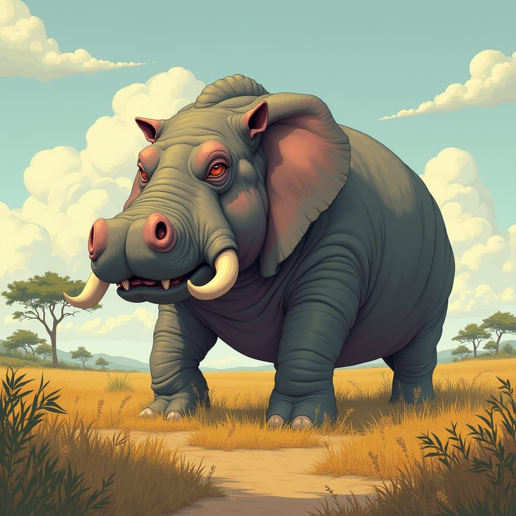 Hippo-Elephant Creature in Savannah Landscape