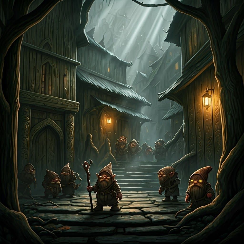 Gnomes Swarm Mystical Town in Art Nouveau Style