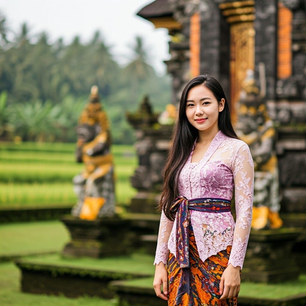 Korean Woman in Balinese Kebaya Before Temple