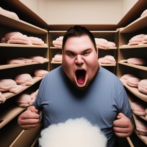 Happy large man eating cotton candy in the walk-in closet