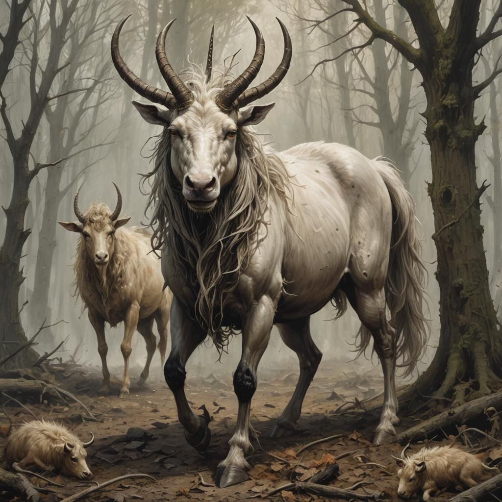 Sinister Unicorn with Stag Head and Goat Beard