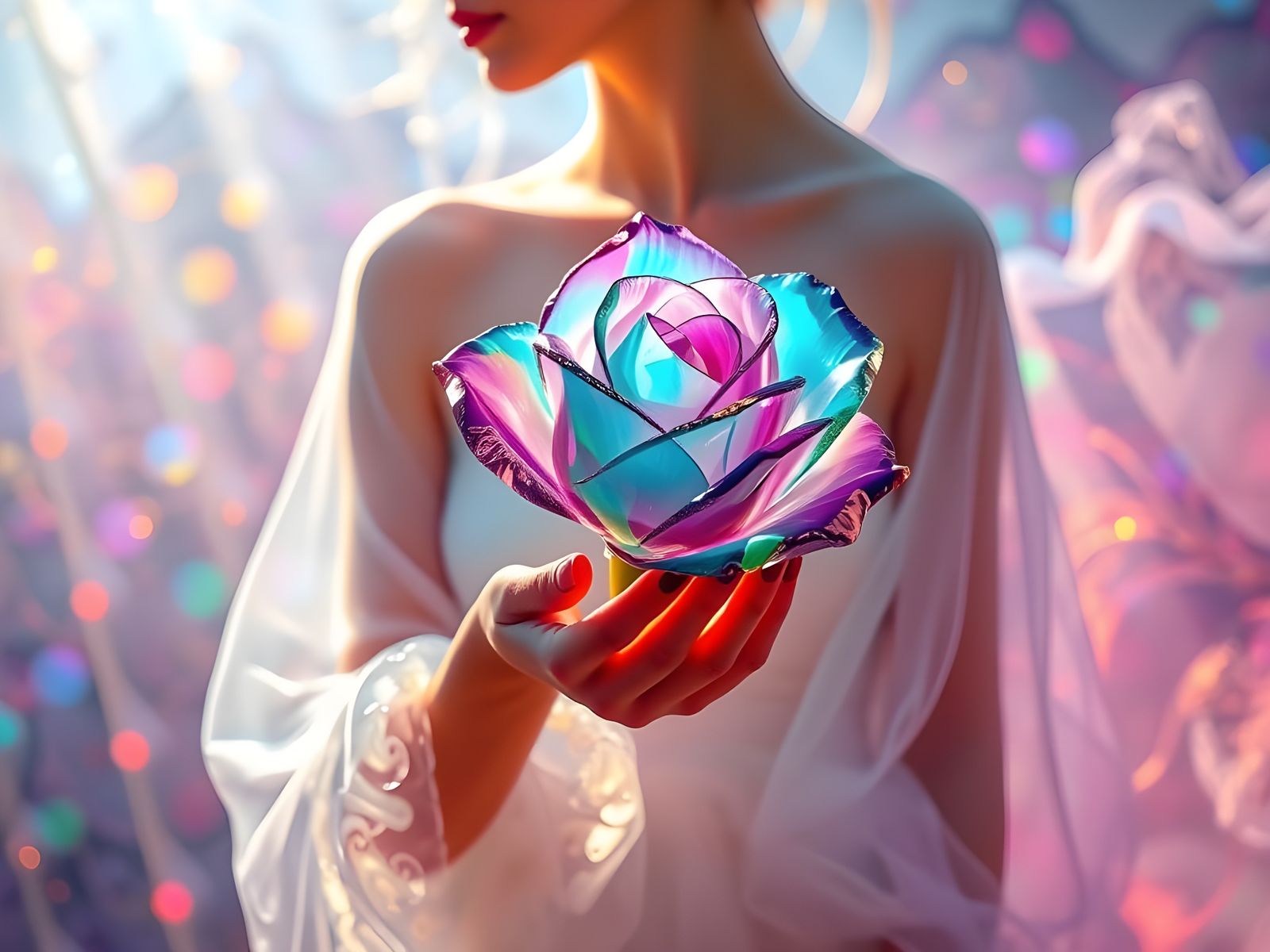 Surreal Glass Goddess in Vibrant Hues and Radiant Light