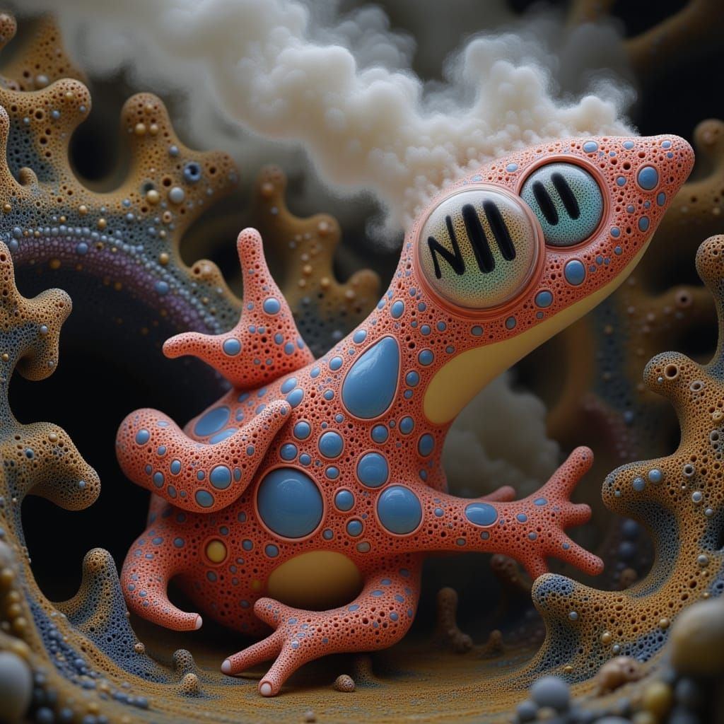 Surreal Red Frog in Smoky Speech Bubble