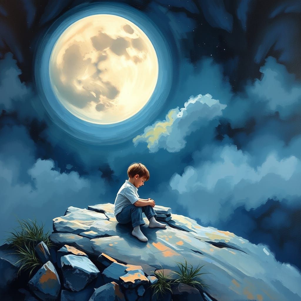 Child Sleeping on Moon in Expressionist Style