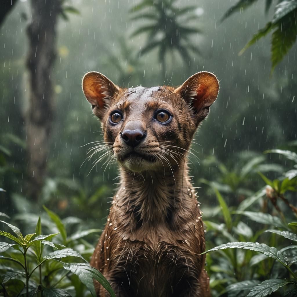 Fossa in Cannabis Jungle with Rain and Bokeh