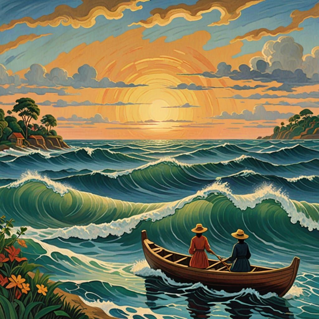 Women Marvel at a Water Whale Breaching at Sunset in a Neo-P...